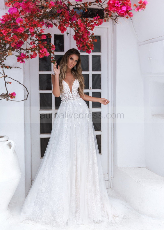 Beaded V Neck Ivory Lace Tulle Sparkle Wedding Dress